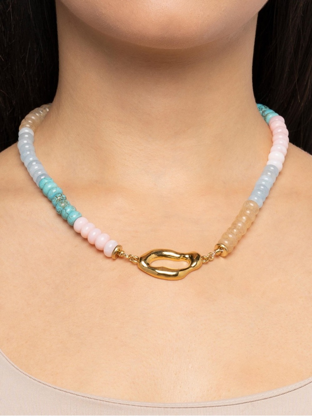 Gold Link Multicolor Beaded Necklace — Pink, Blue, Turquoise, Yellow stones